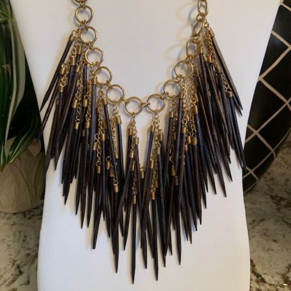 Brown Wood Graziano Dangle Wood Bead Necklace Gold